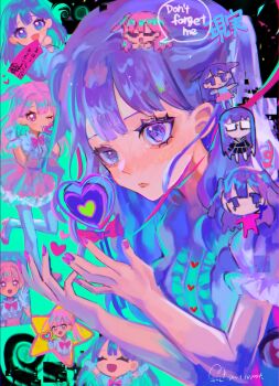 blue_eyes character_request chibi chibi_inset copyright_request english_text eyelashes heart highres lips multiple_girls pink_eyes pink_hair purple_hair skirt speech_bubble star_(symbol) usagimarumei wand