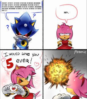 1boy 1girl ? amy_rose binary blush english_text explosion furry furry_female green_eyes heart heart_hands hedgehog_girl highres humanoid_robot meme metal_sonic metamiie one_eye_closed robot smile sonic_(series) would_you_love_me_4_ever_(meme)