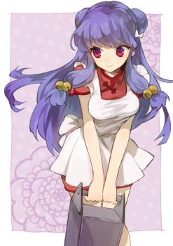 Rule 34 | 1girl, apron, bell, carrying, chinese clothes, commentary request, double bun, duplicate, food delivery box, hair bell, hair bun, hair ornament, long hair, okamochi (container), pink background, pink eyes, pixel-perfect duplicate, polka dot, polka dot background, purple eyes, purple hair, ranma 1/2, shampoo (ranma 1/2), sidelocks, solo, soto, v arms, very long hair