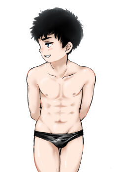 1boy abs arms_behind_back black_hair blue_eyes blush looking_to_the_side male_focus male_swimwear mog300n nipples original short_hair shota solo swim_briefs underwear underwear_only white_background