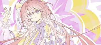 1girl argyle_cloak argyle_clothes bow bowtie bright_pupils chinese_commentary cloak colored_eyelashes commentary_request explosion expressionless frilled_sleeves frills hair_between_eyes hair_over_shoulder hand_up highres hood hood_up hooded_cloak infinity_nikki long_hair long_sleeves nikki_(nikki) nikki_(series) outline pink_eyes pink_hair print_cloak purple_background purple_bow purple_bowtie purple_cloak shirt solo star_(symbol) star_print tiwatetuixiulaoganbu two-tone_background two-tone_cloak upper_body very_long_hair white_outline white_pupils white_shirt yellow_background yellow_cloak