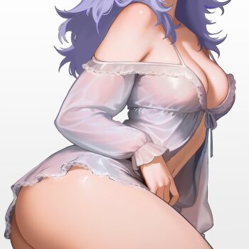 1girl absurdres ass breasts from_side head_out_of_frame highres lace_trim lingerie long_hair long_sleeves me_o_wy medium_breasts navel negligee original purple_hair simple_background solo thighs underwear white_background white_negligee