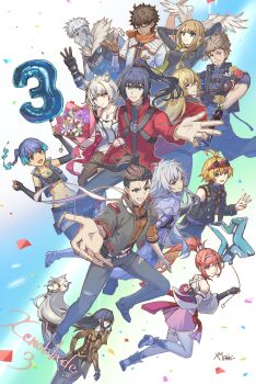 6+boys 6+girls a_(xenoblade) absurdres animal_ears arms_behind_head bare_shoulders black_hair black_jacket blue_eyes blue_fire blue_jacket blue_pants body_markings breasts brown_hair cat_ears cat_girl character_request chest_jewel commentary copyright_name dark-skinned_male dark_skin dress eunie_(xenoblade) feathered_wings fire glimmer_(xenoblade) grey_hair group_picture head_wings high_ponytail highres jacket large_breasts long_hair m_(xenoblade) multiple_boys multiple_girls n_(xenoblade) navel noah_(xenoblade) one_eye_closed pants ponytail red_hair red_jacket rex_(xenoblade) scar scar_across_eye scar_on_face sena_(xenoblade) short_hair shulk_(xenoblade) spaghetti_strap symbol-only_commentary white_dress white_jacket white_wings wings xenoblade_chronicles_(series) xenoblade_chronicles_3 xenoblade_chronicles_3:_future_redeemed yanagimachi yellow_eyes