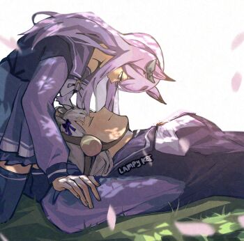 Rule 34 | 2girls, animal ears, aqua bow, blunt bangs, bow, bowtie, breasts, closed eyes, closed mouth, commentary, ear bow, ear ribbon, english commentary, gold ship (umamusume), grass, grey hair, hat, highres, horse ears, horse girl, lampy uikoko, long hair, long sleeves, looking at another, lying, medium breasts, mejiro mcqueen (umamusume), multiple girls, on back, open mouth, petals, pillbox hat, pleated skirt, purple bow, purple eyes, purple hair, purple sailor collar, purple serafuku, purple shirt, purple skirt, purple thighhighs, sailor collar, sailor shirt, school uniform, serafuku, shirt, skirt, smile, thighhighs, tracen school uniform, umamusume, white bow, white bowtie