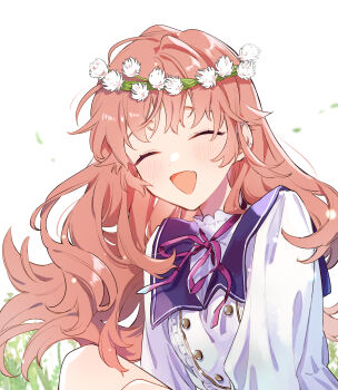 Rule 34 | 1girl, ^ ^, absurdres, aono nachi, buttons, closed eyes, commentary request, curly hair, dot nose, dress, fang, floral background, flower, frills, hair spread out, happy, head wreath, high collar, highres, kagari mimi, kimi ga shinu made koi wo shitai, knees up, light blush, long hair, long sleeves, looking at viewer, open mouth, outdoors, pink hair, pink ribbon, ribbon, sailor collar, school uniform, simple background, sitting, skin fang, smile, solo, upper body, white background, white dress, white sailor collar