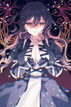 Rule 34 | 1girl, blonde hair, breasts, closed mouth, commentary request, cross-laced clothes, cross-laced dress, dress, gradient hair, hair between eyes, highres, hijiri byakuren, katsuragi atori, large breasts, layered dress, long hair, long sleeves, looking at viewer, multicolored hair, own hands together, puffy long sleeves, puffy sleeves, purple hair, smile, solo, touhou, two-tone hair, white dress, yellow eyes