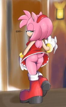 1girl amy_rose animal_ears ass back bottomless bracelet breasts female_focus from_behind furry highres holding holding_clothes holding_panties holding_underwear holding_unworn_clothes huge_ass jewelry large_breasts legs neo_x6 no_panties panties pink_fur seductive_smile sega sideboob smile sonic_(series) tail teasing thick_thighs thighs underwear unworn_panties upskirt white_panties