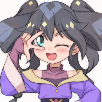 1girl black_hair blush detached_sleeves green_eyes hand_on_own_hip highres japanese_clothes kimono long_hair long_sleeves looking_at_viewer mashin_eiyuuden_wataru mashin_souzouden_wataru obi one_eye_closed open_mouth pink_shirt purple_kimono sash shirt sleeveless sleeveless_shirt smile standing t_jiroo_(ringofriend) tsugune_yuki twintails upper_body v white_background wide_sleeves wink