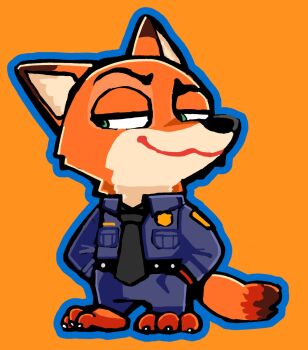 1boy :3 animal_ears animal_feet animal_nose bkub black_necktie blue_outline blue_pants blue_shirt chibi chibi_only closed_mouth collared_shirt fox_boy fox_ears fox_tail full_body furry furry_male half-closed_eyes hands_in_pockets highres long_sleeves looking_to_the_side male_focus necktie nick_wilde orange_background outline pants police shirt simple_background solo standing tail zootopia