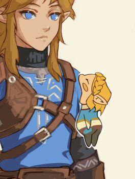 1boy 1girl armor balo_badartist biting_another's_arm black_sweater blue_eyes blue_shirt blue_tunic blush_stickers braid chibi closed_mouth commentary crown_braid english_commentary grey_background hetero highres leather_armor link medium_hair nintendo open_mouth parted_bangs princess_zelda shirt short_hair sidelocks single_blush_sticker size_difference sweater the_legend_of_zelda the_legend_of_zelda:_breath_of_the_wild the_legend_of_zelda:_tears_of_the_kingdom tunic turtleneck turtleneck_sweater upper_body