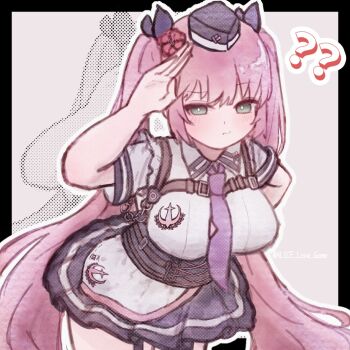 Rule 34 | 1girl, ?, alice love game, blush, breasts, cowboy shot, flower, goddess of victory: nikke, green eyes, hair flower, hair ornament, hat, highres, large breasts, long hair, looking at viewer, pink hair, police, police uniform, policewoman, pout, quiry (nikke), salute, shirt, short sleeves, skirt, thighhighs, twintails, very long hair, white shirt