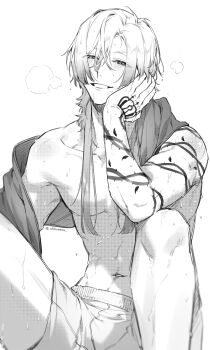 1boy absurdres arm_on_knee arm_tattoo blue_lock breath chikuwa_(dr0603) crown_tattoo greyscale hair_between_eyes hand_on_own_cheek hand_on_own_face hand_tattoo highres knees_up looking_at_viewer male_focus michael_kaiser monochrome navel pectorals puff_of_air shorts sidelocks simple_background sitting smile solo sweat tattoo toned toned_male topless_male twitter_username white_background