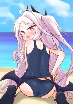absurdres ahoge ass blue_archive day demon_girl demon_horns demon_wings gtmd0gjamw highres hina_(blue_archive) hina_(swimsuit)_(blue_archive) horns loli long_hair low_wings ocean open_mouth outdoors purple_eyes sitting very_long_hair white_hair wings