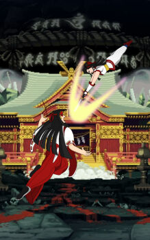 Rule 34 | 2girls, ainu clothes, angry, black hair, bow, demon girl, epic, fighting, final boss, glowing, glowing eyes, hair ribbon, headband, highres, invincible (series), japanese clothes, meme, miko, multiple girls, nakoruru, parody, priestess, rashoujin mizuki, red bow, red headband, ribbon, samurai spirits, samurai spirits ii, serious, sleeves past wrists, snk, the king of fighters