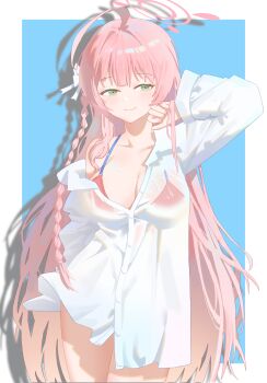 1girl absurdres ahoge bikini bikini_top_under_shirt bikini_under_clothes blue_archive border braid breasts buttons closed_mouth collarbone green_eyes halo hanako_(blue_archive) hanako_(swimsuit)_(blue_archive) highres jiyue_(murasame524) large_breasts long_hair long_sleeves looking_at_viewer pink_hair red_bikini see-through_clothes see-through_shirt shirt smile swimsuit very_long_hair white_border white_shirt