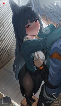 1boy 1girl absurdres after_kiss animal_ear_fluff animal_ears black_hair black_pantyhose black_skirt blunt_bangs blush box breasts bulge curvy erection erection_under_clothes fox_ears fox_girl grabbing_another's_breast groping hetero hews highres hoshimi_miyabi indoors large_breasts long_hair nervous_sweating pantyhose red_eyes saliva saliva_trail shirt short_hair sketch skirt standing_on_box sweat sweatdrop thick_thighs thighs tongue tongue_out white_hair white_shirt wise_(zenless_zone_zero) zenless_zone_zero