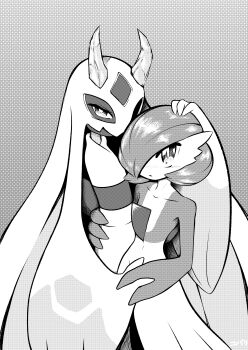 2girls absurdres arm_around_waist artist_name back_bow blush bob_cut bow closed_mouth collarbone colored_skin cowboy_shot dauntless_melon female_focus fewer_digits flat_chest froslass gardevoir gen_3_pokemon gen_4_pokemon grey_background greyscale hair_over_one_eye half-closed_eyes hand_on_another&#039;s_head hand_up highres holding_hands horns interspecies light_blush looking_at_viewer mega_froslass monochrome multicolored_skin multiple_girls navel nintendo nose_blush one_eye_covered pokemon pokemon_(creature) short_hair signature simple_background standing two-tone_skin yuri