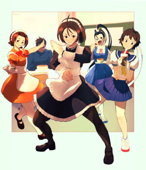 Rule 34 | 1boy, 4girls, ahoge, apron, bajiquan (martial arts), breasts, brother and sister, brown hair, bubble tea, cake, cake slice, capcom, drinking straw, fighting stance, food, high ponytail, highres, ibuki (street fighter), justice gakuen, kasugano sakura, kazama akira, kazama daigo, looking at viewer, maid, maid apron, maid cafe, maid headdress, mary janes, midriff, multiple girls, open mouth, outside border, pantyhose, ponytail, puffy short sleeves, puffy sleeves, school uniform, serafuku, shoes, short hair, short sleeves, siblings, signature, skirt, street fighter, street fighter v, tea, wakaba hinata, yuenibushi