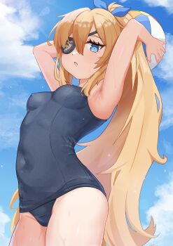 1girl absurdres armpits ball beachball blonde_hair blue_eyes blue_one-piece_swimsuit blue_sky breasts cloud cloudy_sky covered_navel day dsk0310 eyepatch goddess_of_victory:_nikke guillotine_(nikke) highres holding holding_ball holding_beachball long_hair one-piece_swimsuit outdoors ponytail school_swimsuit sky small_breasts solo sweat swimsuit