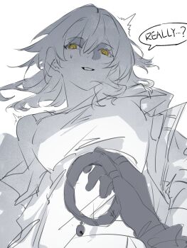 2girls bell breasts collar english_text female_pov greyscale highres holding holding_collar honkai:_star_rail honkai_(series) jacket kafka_(honkai:_star_rail) long_hair lying medium_breasts monochrome multiple_girls neck_bell nervous on_back open_clothes open_jacket pov pov_hands simple_background speech_bubble spot_color stelle_(honkai:_star_rail) sweatdrop talking trailblazer_(honkai:_star_rail) trembling upper_body white_background xianyuqihaouki yellow_eyes yuri