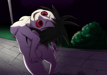 1girl anus ass backlighting barefoot black_hair bongcheon-dong_ghost breasts bush colored_sclera colored_skin completely_nude female_focus freckles from_behind grass happy head_back hexanne highres horror_(theme) jpeg_artifacts lamppost leaning_back long_hair looking_at_viewer looking_back medium_breasts night nipples nude open_mouth outdoors path pussy red_eyes red_sclera ribs road sidelocks smile smirk solo spread_pussy teeth uncensored white_skin