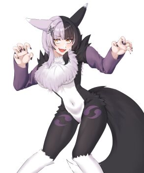 1girl absurdres animal_ears black_bodysuit black_hair bodysuit breasts cosplay covered_navel digimon grey_hair highres hololive hololive_english large_breasts looking_at_viewer mmneko multicolored_hair nail_polish purple_sleeves renamon renamon_(cosplay) shiori_novella solo split-color_hair tail transparent_background two-tone_hair virtual_youtuber white_bodysuit yellow_eyes