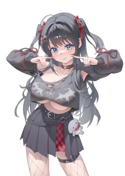 Rule 34 | 1girl, absurdres, belt, black belt, black choker, black hair, black skirt, blue eyes, blush, breasts, choker, cleavage, collarbone, commentary request, cowboy shot, crop top, frilled choker, frills, haedungi (shirayuki hina), hair ornament, hair ribbon, hand up, highres, jaeyun5407, korean commentary, large breasts, long hair, long sleeves, looking at viewer, multicolored choker, red choker, red ribbon, ribbon, shirayuki hina, shirayuki hina (4th costume), shirt, simple background, single bare shoulder, skirt, stellive, thigh belt, thigh strap, torn clothes, torn shirt, two-tone choker, underboob, virtual youtuber, white background