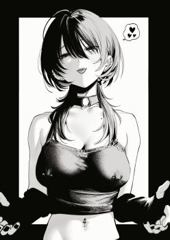 1girl barbell_piercing black_nails black_shirt breasts choker cleavage commentary_request covered_erect_nipples crop_top earrings fingerless_gloves gloves greyscale hair_between_eyes heart highres jewelry large_breasts long_hair looking_at_viewer midriff mole mole_on_chest mole_under_eye momokumo monochrome narrowed_eyes navel navel_piercing nipple_piercing o-ring o-ring_choker original piercing shirt solo spoken_heart straight-on tongue tongue_out upper_body