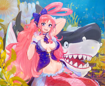 1girl big_hair blue_bow blue_eyes blurry blurry_foreground bow breasts commentary coral english_commentary giant giantess hair_bow hair_rings highres large_breasts long_hair megalo mermaid monster_girl navel one_piece pink_hair rollo_(kuyuen1) shark sharp_teeth shirahoshi smile solo teeth underwater upper_teeth_only very_long_hair