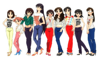 6+girls azumanga_daiou bare_shoulders black_footwear black_hair blue_footwear blush bob_cut brown_eyes brown_hair casual child clothes_writing crossover denim drawfag everyone girls'_generation glasses grin hair_flip high_heels jeans k-pop kagura kagura_(azumanga_daioh) kaori_(azumanga_daioh) kasuga_ayumu kurosawa_minamo long_hair midriff mihama_chiyo mizuhara_koyomi multiple_girls non-web_source orange_footwear pants pink_footwear pink_pants raglan_sleeves sakaki_(azumanga_daioh) sandals shoes short_hair short_twintails sidelocks sleeves_pushed_up sleeves_rolled_up smile takino_tomo tanizaki_yukari the_rolling_stones twintails very_long_hair yellow_footwear yellow_pants