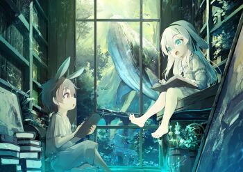 1boy 1girl :d animal animal_ears barefoot book book_stack bookshelf brown_eyes brown_hair commentary_request dress eye_contact flying_whale green_eyes grey_dress grey_hair grey_pants grey_shirt highres indoors layered_sleeves long_hair long_sleeves looking_at_another open_book open_mouth original pants parted_lips profile puffy_short_sleeves puffy_sleeves rabbit_ears shirt short_over_long_sleeves short_sleeves sitting smile utatanecocoa very_long_hair whale window