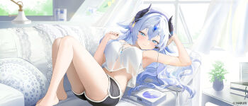 1girl arm_up armpits barefoot black_horns black_shorts blue_eyes blue_gem blue_hair book breasts cable cd_player character_request commentary_request commission couch crop_top crop_top_overhang crossed_bangs cup curtains day diamond_(shape) dolphin_shorts feet_out_of_frame floating_curtains gem hair_between_eyes hair_ornament hand_up haruri head_tilt headphones headpiece highres horns indie_virtual_youtuber indoors jewelry knees_up korean_commentary large_breasts legs light_particles long_hair looking_ahead lying midriff mp3_player navel on_back on_couch pendant picture_frame pillow plant potted_plant shirt short_shorts shorts solo table thighs very_long_hair virtual_youtuber white_shirt window