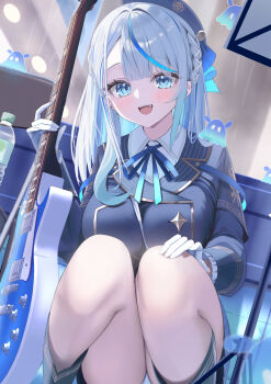 1girl absurdres amagai_ruka arale_(ara1e) beret blue_eyes blue_hair blush bottle braid gloves guitar hashtag-only_commentary hat highres instrument long_hair looking_at_viewer multicolored_hair open_mouth single_braid smile solo squatting streaked_hair weather_planet white_gloves