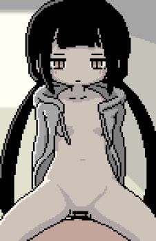 1boy 1girl akai_(ugokashitari) animated animated_gif bar_censor black_hair breasts censored closed_mouth cowgirl_position cum cum_in_pussy expressionless fertilization hetero hood hoodie impregnation lagtrain_(vocaloid) loli long_hair low_twintails navel no_panties nude open_clothes open_hoodie osage_(nukunuku_nigirimeshi) ovum penis pixel_art pussy sex small_breasts smile sperm_cell straddling twintails vaginal vocaloid