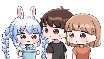 1boy 2girls :3 animal_ear_fluff animal_ears black_shirt blue_hair blush_stickers bow braid brown_eyes brown_hair brown_shirt chibi closed_mouth commentary_request cooking_pot dress earrings hair_bow highres holding hololive jewelry mochimiko multicolored_hair multiple_girls puffy_short_sleeves puffy_sleeves rabbit_ears red_eyes shirt short_eyebrows short_sleeves simple_background small_sweatdrop sweat thick_eyebrows twin_braids twintails two-tone_hair usada_pekora usada_pekora_(casual) virtual_youtuber white_background white_bow white_dress white_hair