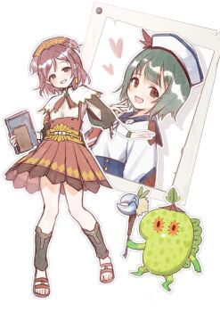 2girls book brown_eyes character_request dress green_hair highres holding holding_book idolmaster long_sleeves monster_hunter_(series) multiple_girls open_mouth red_dress sandals short_hair smile sunege_(hp0715) white_background