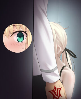 1boy 2girls against_wall artoria_caster_(fate) artoria_caster_(swimsuit_berserker)_(second_ascension)_(fate) artoria_pendragon_(fate) besmiled black_pants black_ribbon black_shirt blonde_hair command_spell commentary_request fate/grand_order fate_(series) fujimaru_ritsuka_(male) green_eyes hair_ribbon highres implied_fellatio long_hair long_sleeves looking_at_another multiple_girls pants ponytail ribbon saber_alter saber_alter_(ver._shinjuku_1999) shirt sidelocks squatting white_shirt