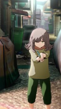 1girl 1other 3d animated bags_under_eyes balcony black_collar blender_(medium) bread car closed_mouth collar day eating food green_shirt grey_hair guided_headpat guiding_hand headpat highres holding holding_food holding_knife holding_weapon knife looking_at_viewer motor_vehicle original outdoors pov pov_hands robbery shirt sound tagme trash_can video weapon yasuda_genshou yellow_eyes