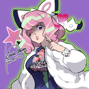 1girl bow bracelet breasts collared_shirt drill_hair drill_sidelocks dynamax_band eyeshadow flipped_hair fur_jacket hair_bow hairband jacket jewelry klara_(pokemon) makeup mole mole_under_mouth nintendo one_eye_closed otona_kasuke pink_eyeshadow pink_hair pink_lips pokemon pokemon_swsh print_shirt purple_eyes ring shaded_face shirt short_hair sidelocks solo two-tone_shirt upper_body white_bow white_hairband