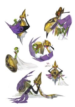 Rule 34 | aegislash, bob cut, colored skin, commentary request, dress, gardevoir, gen 3 pokemon, gen 6 pokemon, green hair, green skin, hakumogera, highres, holding, holding shield, multicolored skin, multiple views, nintendo, one-eyed, pink eyes, pokemon, pokemon (creature), purple eyes, shield, simple background, size difference, sword, two-tone skin, weapon, white background, white dress, white skin