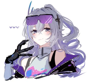 1girl absurdres bare_shoulders black_gloves commentary_request eyewear_on_head gloves grey_eyes grey_hair hair_between_eyes hand_up highres honkai:_star_rail honkai_(series) long_hair magnet_8_8 off_shoulder official_alternate_costume silver_wolf_(honkai:_star_rail) simple_background solo sunglasses white_background