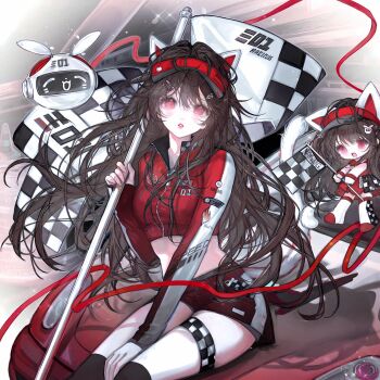 1girl animal_ears black_hair breasts brown_hair checkered_flag crop_top cropped_jacket fake_animal_ears flag hair_ornament highres holding holding_flag jacket long_hair long_sleeves looking_at_viewer midriff open_mouth original parted_lips pink_eyes race_queen red_eyes red_shirt red_shorts shirt short_shorts shorts sitting solo thigh_strap thighhighs thighs very_long_hair visor_cap wuyu16