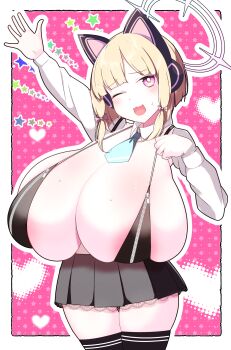 1girl animal_ears areola_slip black_bra black_skirt black_thighhighs blonde_hair blue_archive blush border bra breasts cat_ears fake_animal_ears female_focus halo headphones huge_breasts kuyu730 looking_at_viewer momoi_(blue_archive) navel no_shirt one_eye_closed oppai_loli outline pale_skin pink_background pink_eyes shiny_skin short_hair skirt solo thighhighs underwear white_border white_outline white_sleeves wink zettai_ryouiki