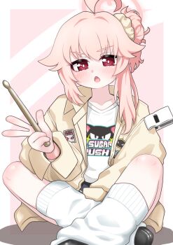 Rule 34 | 1girl, ahoge, asymmetrical sidelocks, black shoes, blue archive, blush, coat, commentary, drumsticks, hair bun, halo, highres, holding, holding drumsticks, jacket, long hair, long sleeves, looking at viewer, loose socks, natsu (band) (blue archive), natsu (blue archive), official alternate costume, open mouth, pink hair, pink halo, red eyes, shirt, shoes, sidelocks, single side bun, sitting, socks, solo, tomimon, v-shaped eyebrows, w, white shirt, white socks, yellow coat