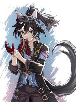 1girl adjusting_clothes adjusting_gloves animal_ears black_coat black_hair black_shorts black_vest blue_eyes blue_shirt breasts cleavage cleavage_cutout closed_mouth clothing_cutout coat cowboy_shot crossed_bangs ear_covers fugetsu_(windmoon_tw) gloves hair_between_eyes high_collar highres horse_ears horse_girl horse_tail katsuragi_ace_(dragon_rising_to_the_top)_(umamusume) katsuragi_ace_(umamusume) long_sleeves looking_at_viewer mouth_hold multicolored_hair open_clothes open_coat ponytail shirt short_hair shorts small_breasts solo streaked_hair tail umamusume v-shaped_eyebrows vest