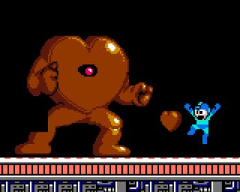 Rule 34 | 1boy, android, black background, black eyes, black sclera, blue bodysuit, blue boots, blue gloves, blue helmet, bodysuit, boots, boss fight, candy, capcom, chocolate, chocolate heart, colored sclera, cyclops, gloves, heart, helmet, jumping, mega man (character), mega man (classic), mega man (series), monster, one-eyed, open mouth, pixel art, red eyes, robot, saiwai hiroshi, smile, valentine, valentine chocolate, yellow devil (mega man)