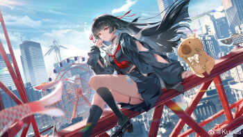 1girl arm_cutout black_choker black_hair black_jacket black_serafuku black_shirt black_shoes black_skirt black_socks blue_sky chisa_(wuthering_waves) choker city clothing_cutout day ferris_wheel hand_up high_up highres jacket kuuus loafers long_hair long_sleeves looking_at_viewer looking_to_the_side namipon_(wuthering_waves) neckerchief outdoors red_eyes red_neckerchief sailor_collar school_uniform serafuku shirt shoes sitting skirt sky socks solo thigh_strap thighs white_sailor_collar wind wuthering_waves