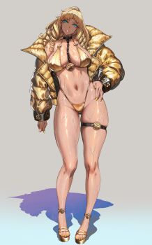 1girl absurdres anklet belt_collar between_breasts bikini black_choker blonde_hair blue_eyes breasts chain chain_leash choker cleavage coat collar dark-skinned_female dark_skin dollar_sign drill_hair gluteal_fold gold_bikini gold_coat grey_background gyaru hand_on_own_hip high_heel_sandals highleg highleg_bikini highres jeffr jewelry large_breasts leash lips long_hair mole mole_under_eye navel open_clothes open_coat original puffy_coat sandals shadow skindentation solo standing sweat swimsuit thigh_gap thigh_strap wet yellow_nails