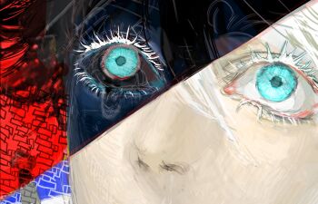 Rule 34 | 1boy, aqua eyes, blue eyes, close-up, colored eyelashes, gojo satoru, highres, inverted colors, jujutsu kaisen, kkrmcmc, male focus, nose, pale skin, short hair, solo, thick eyelashes, white eyelashes, white hair