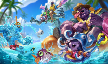 2girls axe beard blurry blurry_background city cloud cloudy_sky creature dr._mundo draven facial_hair fish hat headband highres instrument league_of_legends lifebuoy looking_at_viewer lulu_(league_of_legends) multiple_boys multiple_girls muscular muscular_arms muscular_male music ocean official_alternate_costume official_art open_mouth palm_tree pectorals playing_instrument pool_party_draven pool_party_lulu pool_party_mundo pool_party_zac rek'sai sand seal_(animal) short_hair sixmorevodka sky spiked_hair splashing staff straw_hat sunglasses swim_ring teeth thighs tongue tongue_out topless_male tree ukulele water weapon yellow_eyes zac_(league_of_legends)
